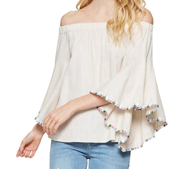 Women's Medium Off the Shoulder Multi ColorTassel Casual Linen Blend Top - Picture 2 of 7